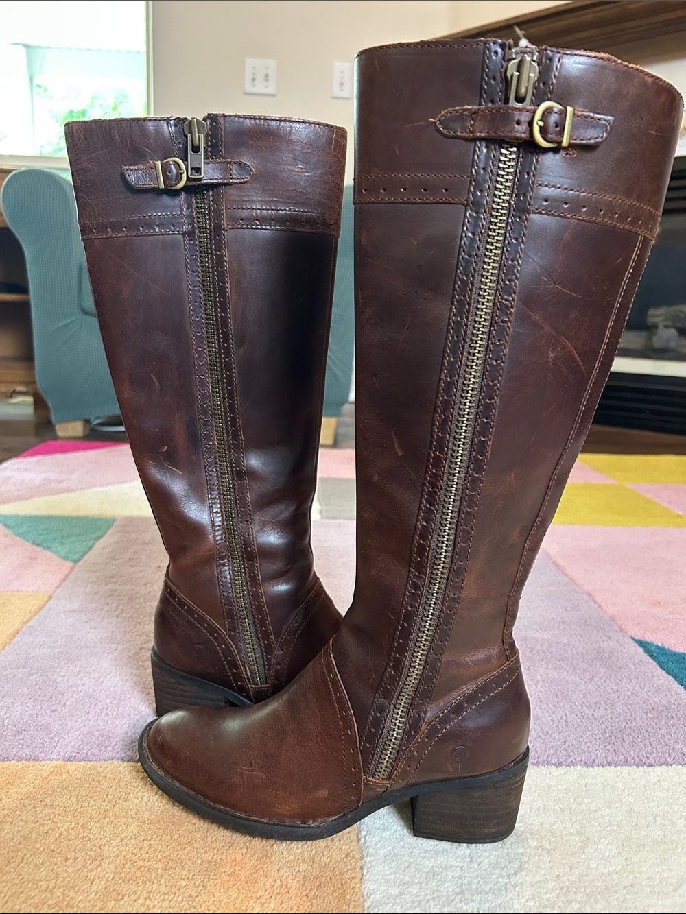 Born Poly Classic Brown Leather Knee-High Women's Riding Boots Double Zip Size 6 - Picture 10 of 17